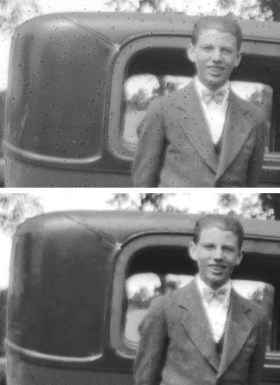 The circular flaws covered most of the image (above), but were digitally removed (below).